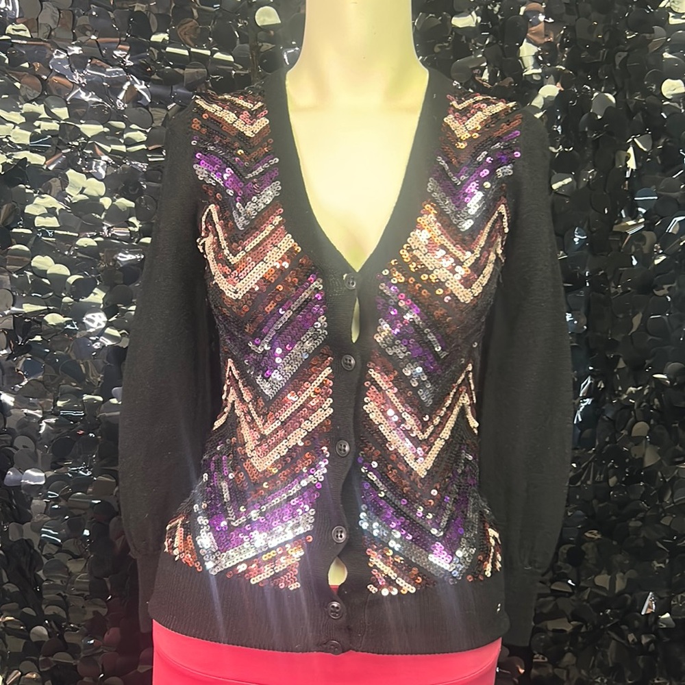 Trina Turk Black Cardigan with Purple, Pink and Gold Sequin Chevron Detail